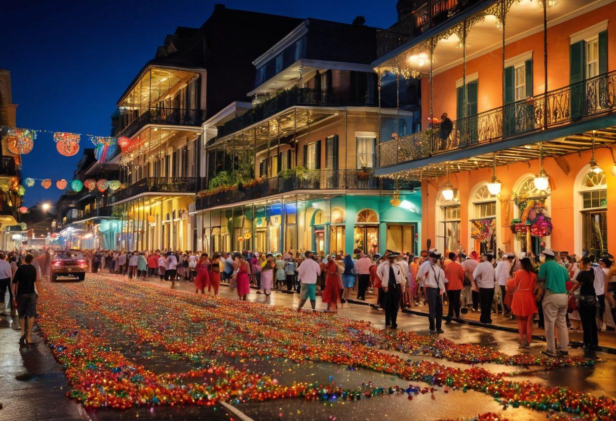 A vibrant street scene filled with colorful parade floats and people in festive costumes showcasing the spirit of New Orleans. Include iconic architecture of the French Quarter in the background, while musicians play jazz on the sidewalk. Capture the essence of celebration with flowing beads, festive masks, and lively energy. The atmosphere should be filled with confetti and lanterns illuminating the evening. super-realistic. vibrant colors. 3D.