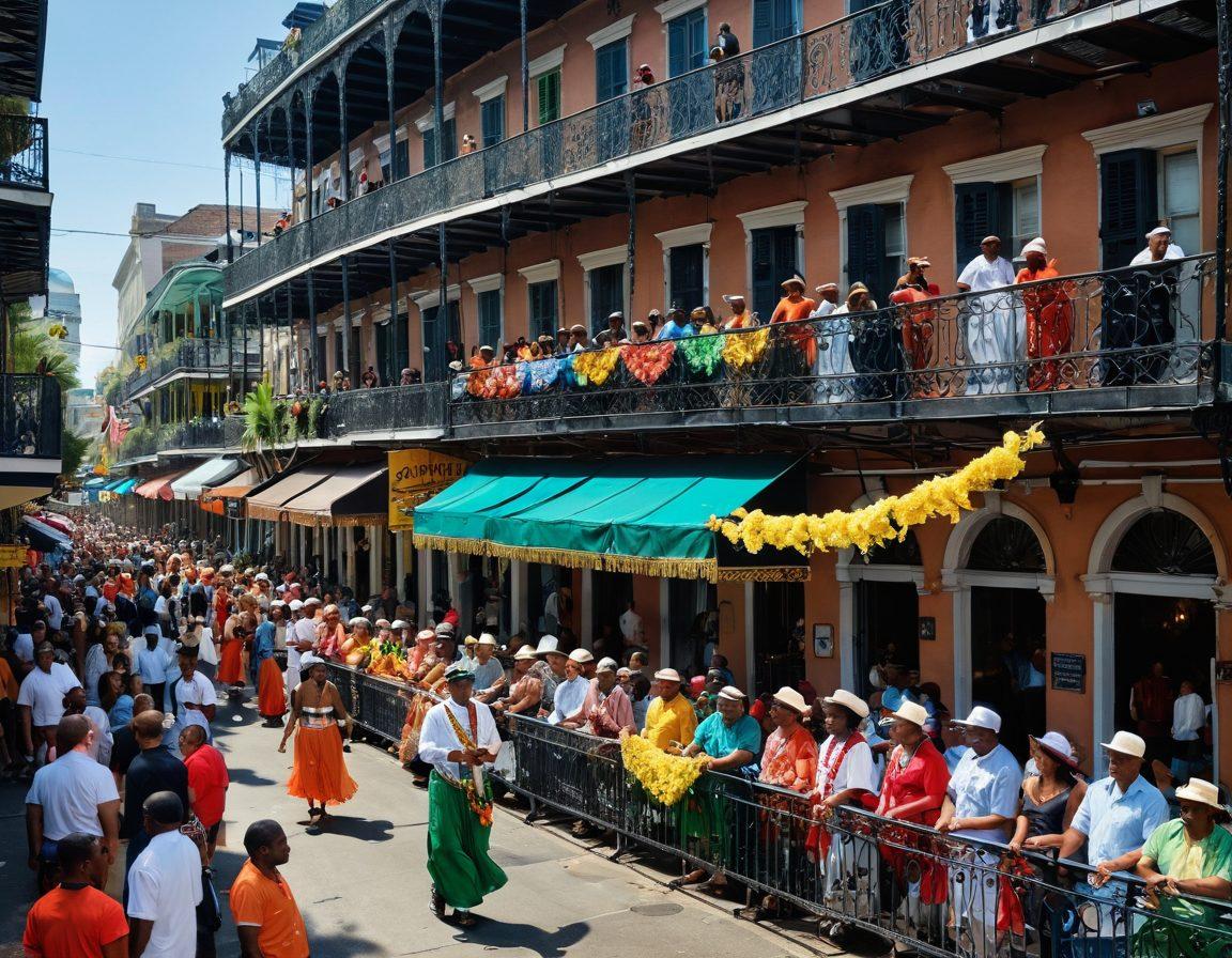 A vibrant street scene in New Orleans during a lively festival, showcasing brightly colored floats, musicians in traditional attire, and dancing crowds. Iconic architecture with wrought-iron balconies is visible in the background, while festive decorations like beads and banners adorn the scene. The atmosphere is filled with energy and joy, capturing the essence of the city's rich culture. super-realistic. vibrant colors. dynamic composition.