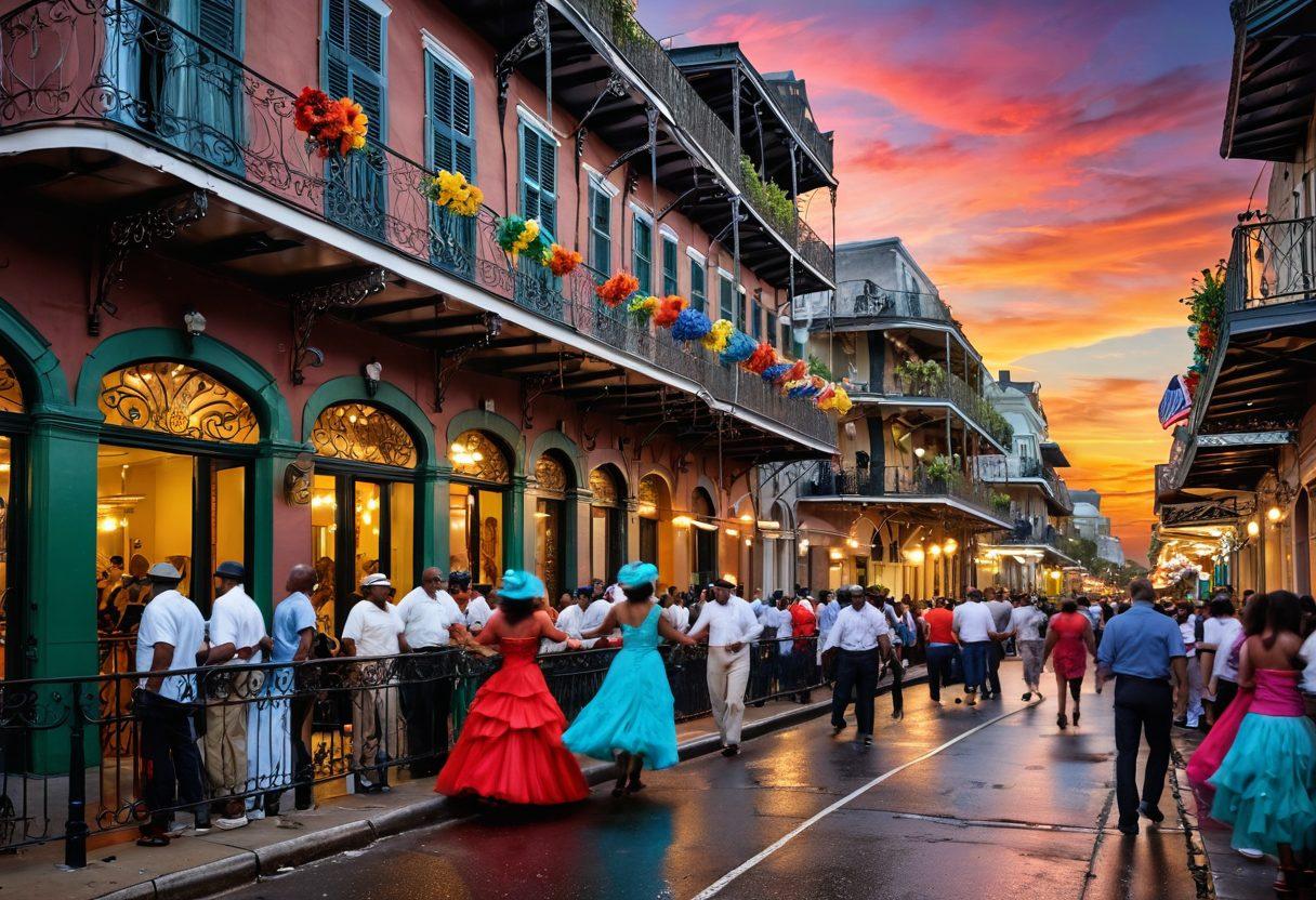 A vibrant street scene in New Orleans featuring a lively celebration with people dancing, musicians playing jazz, and colorful floats. Include iconic architecture like wrought-iron balconies adorned with flowers, and street vendors selling local delicacies. Capture the essence of joy and culture with festive decorations, confetti in the air, and a sunset sky reflecting the colors of carnival. super-realistic. vibrant colors. 3D.